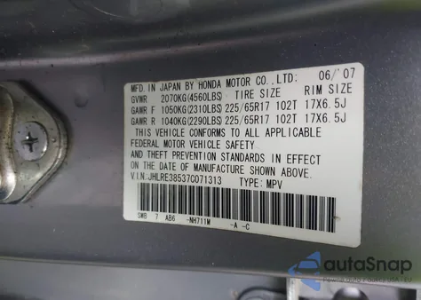 2007 Honda Cr-V Ex from USA, damaged, VIN JHLRE38537C071313